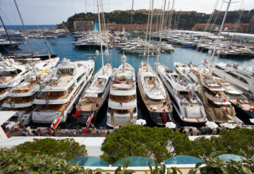 Superyachts in Port Hercule, Monaco at the Monaco Yacht Show.