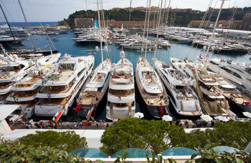 Superyachts in Port Hercule, Monaco at the Monaco Yacht Show.