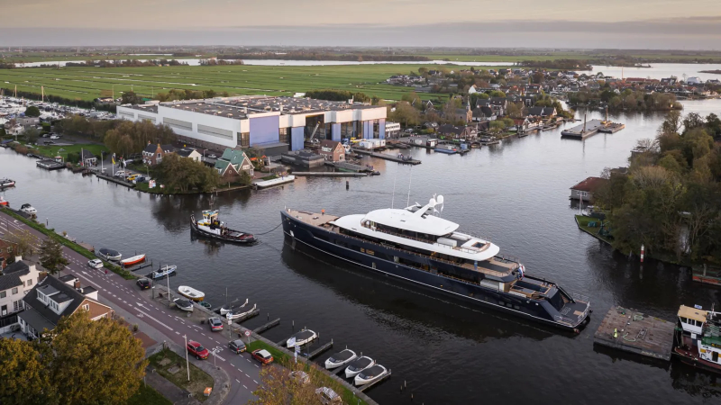 Kitson Yachts' Project One outside the Feadship yard in the Netherlands.