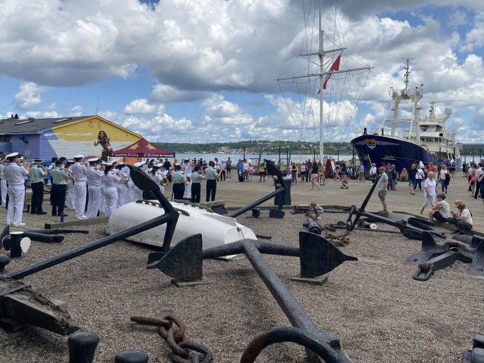 A brass bands greet Scintilla Maris in Halifax, Nova Scotia.